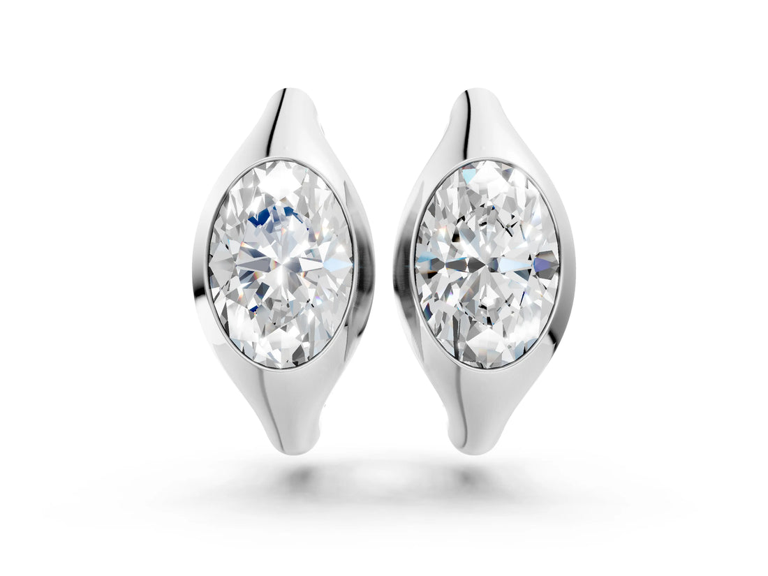 White gold Oval Diamond Framed Huggie Hoop Earrings