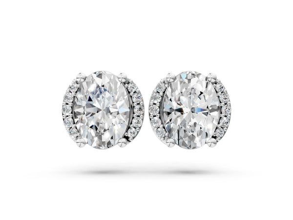 Silver Oval Diamond Half Halo Stud Earrings