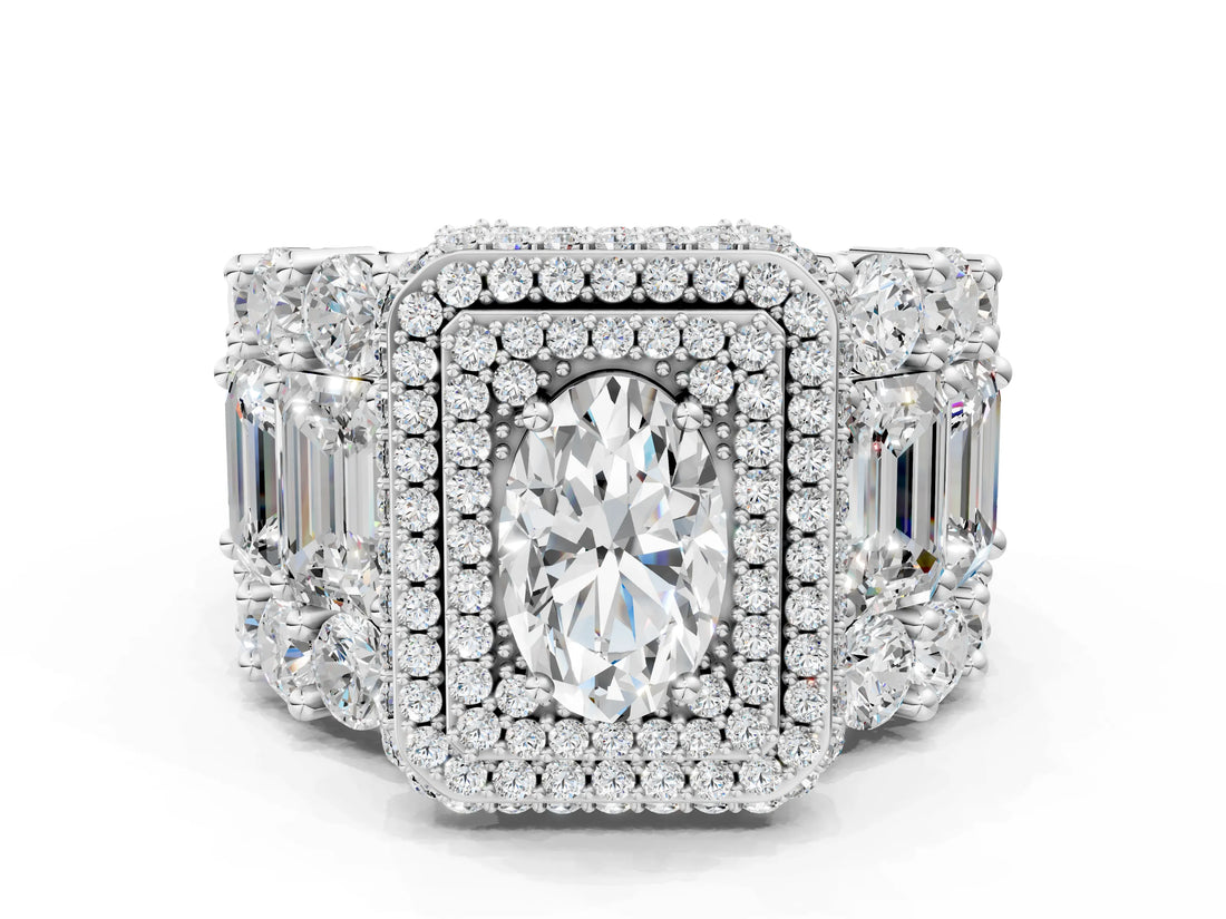 White gold Oval Diamond Halo Mens Ring with Baguette Side Stones_36