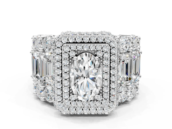 Silver Oval Diamond Halo Mens Ring with Baguette Side Stones