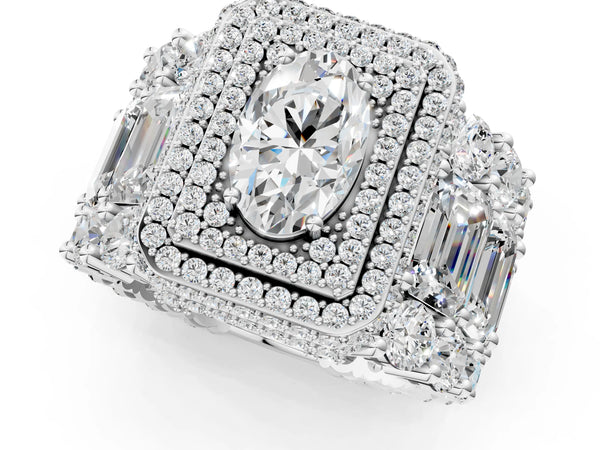 Silver Oval Diamond Halo Mens Ring with Baguette Side Stones