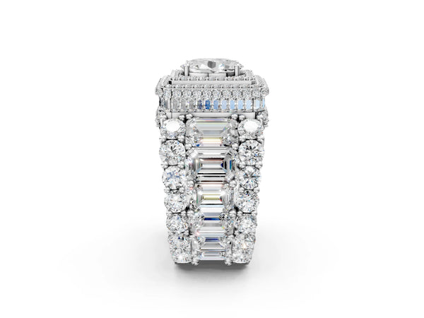 Silver Oval Diamond Halo Mens Ring with Baguette Side Stones