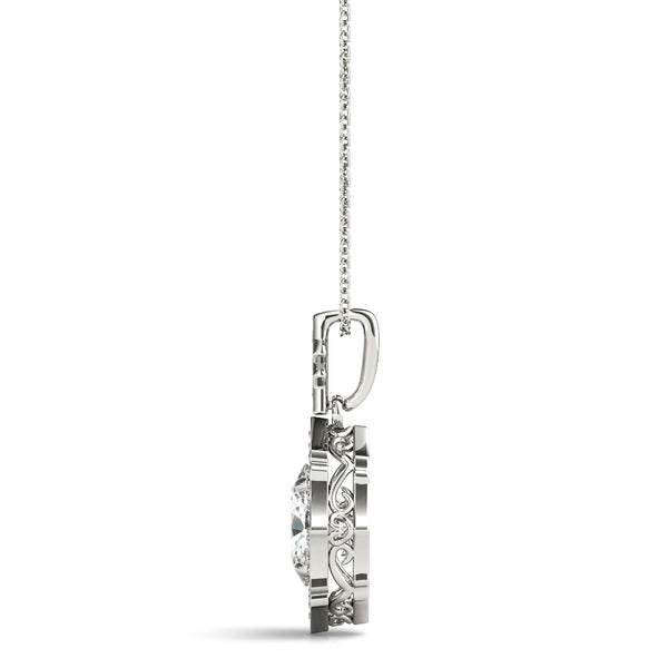 Silver Oval Diamond Halo Pendant with Milgrain Prong Setting