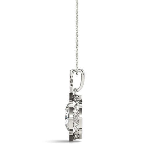 White gold Oval Diamond Halo Pendant with Milgrain Prong Setting 2