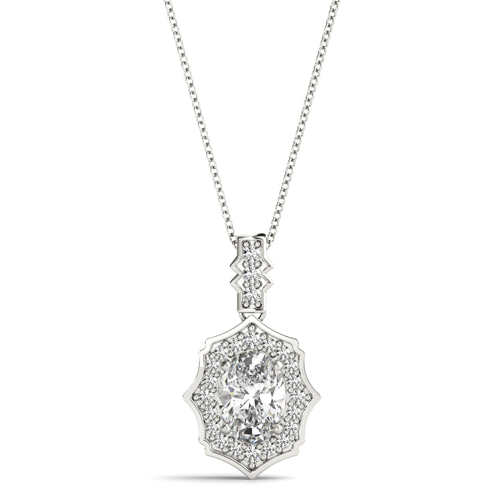 White gold Oval Diamond Halo Pendant with Milgrain Prong Setting