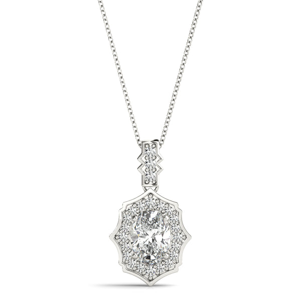 Silver Oval Diamond Halo Pendant with Milgrain Prong Setting