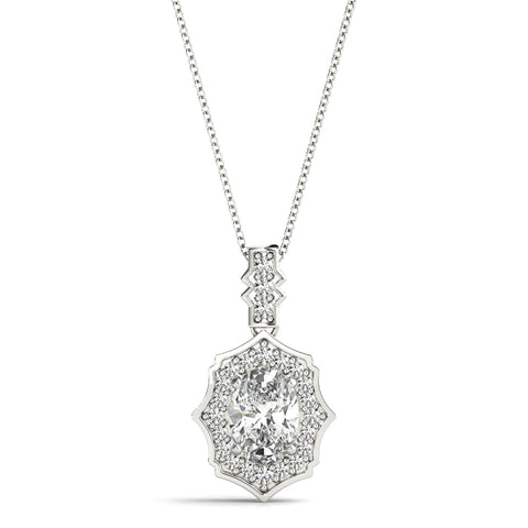 White gold Oval Diamond Halo Pendant with Milgrain Prong Setting
