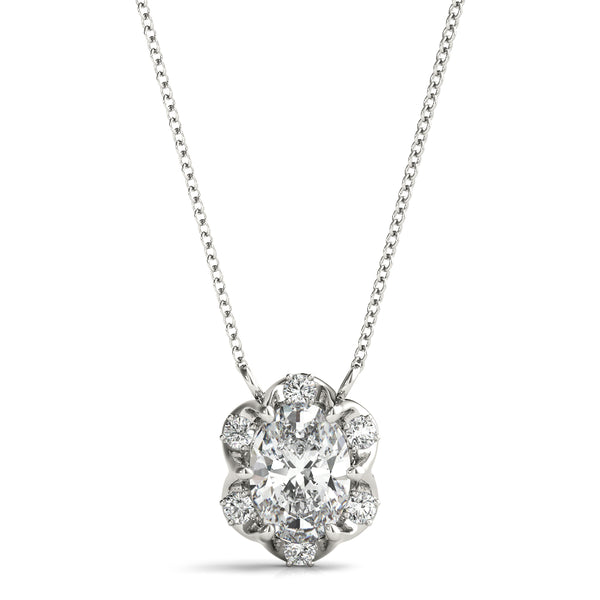 Silver Oval Diamond Halo Pendant with Prong Setting