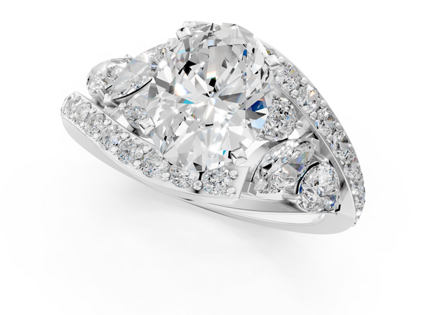 White gold Oval Diamond Halo Ring with Marquise and Pavé Band in Prong Setting