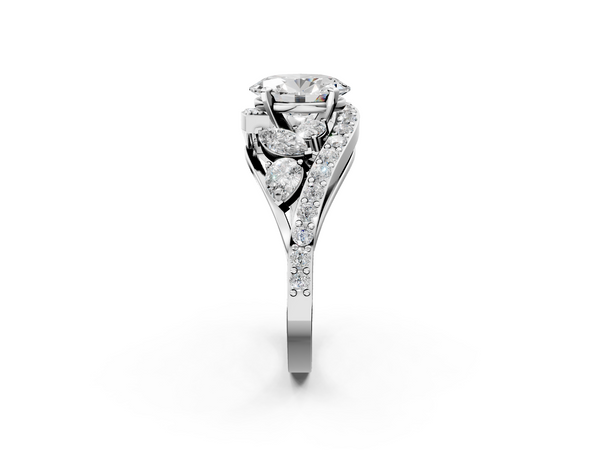 White gold Oval Diamond Halo Ring with Marquise and Pavé Band in Prong Setting