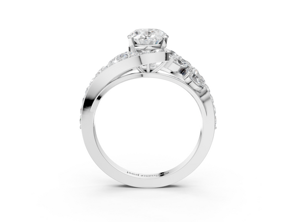 White gold Oval Diamond Halo Ring with Marquise and Pavé Band in Prong Setting