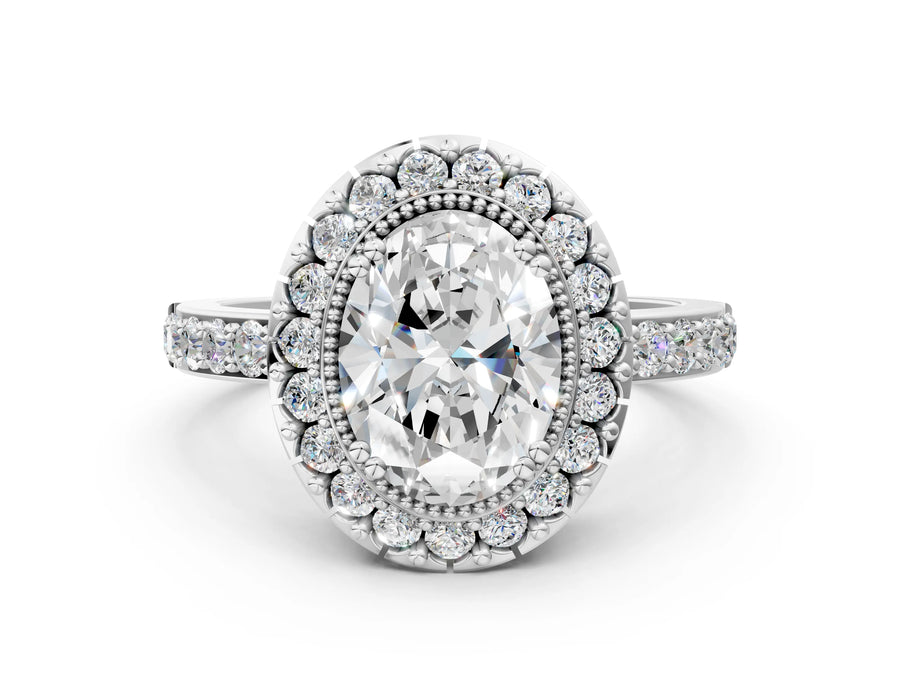 White gold Oval Diamond Halo Ring with Pavé Band and Prong Setting