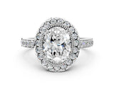10K White Gold 2.01 Carat F VS1 Oval Diamond Halo Ring with Pavé Band and Prong Setting