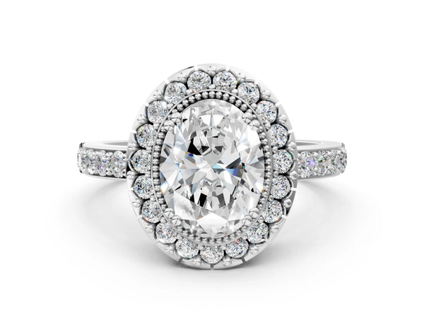 10K White Gold 2.01 Carat F VS1 Oval Diamond Halo Ring with Pavé Band and Prong Setting