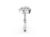 10K White Gold 2.01 Carat F VS1 Oval Diamond Halo Ring with Pavé Band and Prong Setting