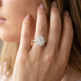 10K White Gold 2.01 Carat F VS1 Oval Diamond Halo Ring with Pavé Band and Prong Setting