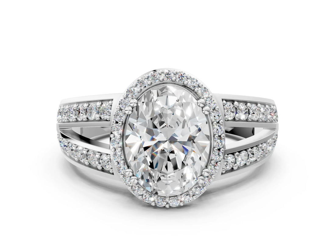 White gold Oval Diamond Halo Ring with Split Shank Pavé Band and Four-Prong Setting_6