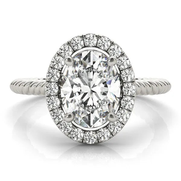 White gold Oval Diamond Halo Ring with Twisted Band and Prong Setting
