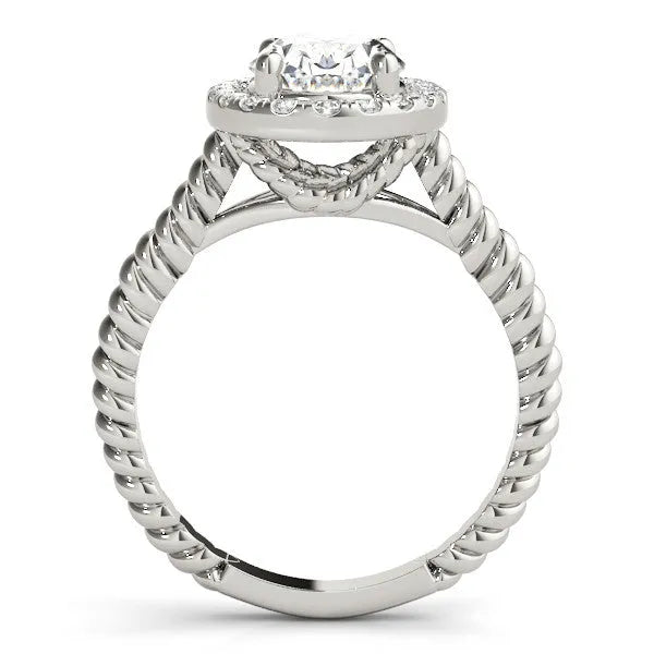 White gold Oval Diamond Halo Ring with Twisted Band and Prong Setting