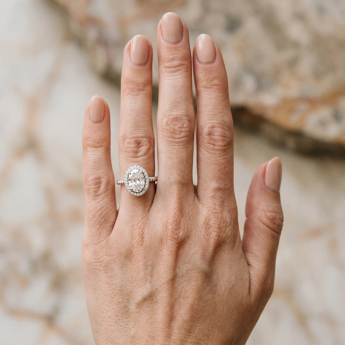 White gold Oval Diamond Halo Ring with Twisted Band and Prong Setting_6
