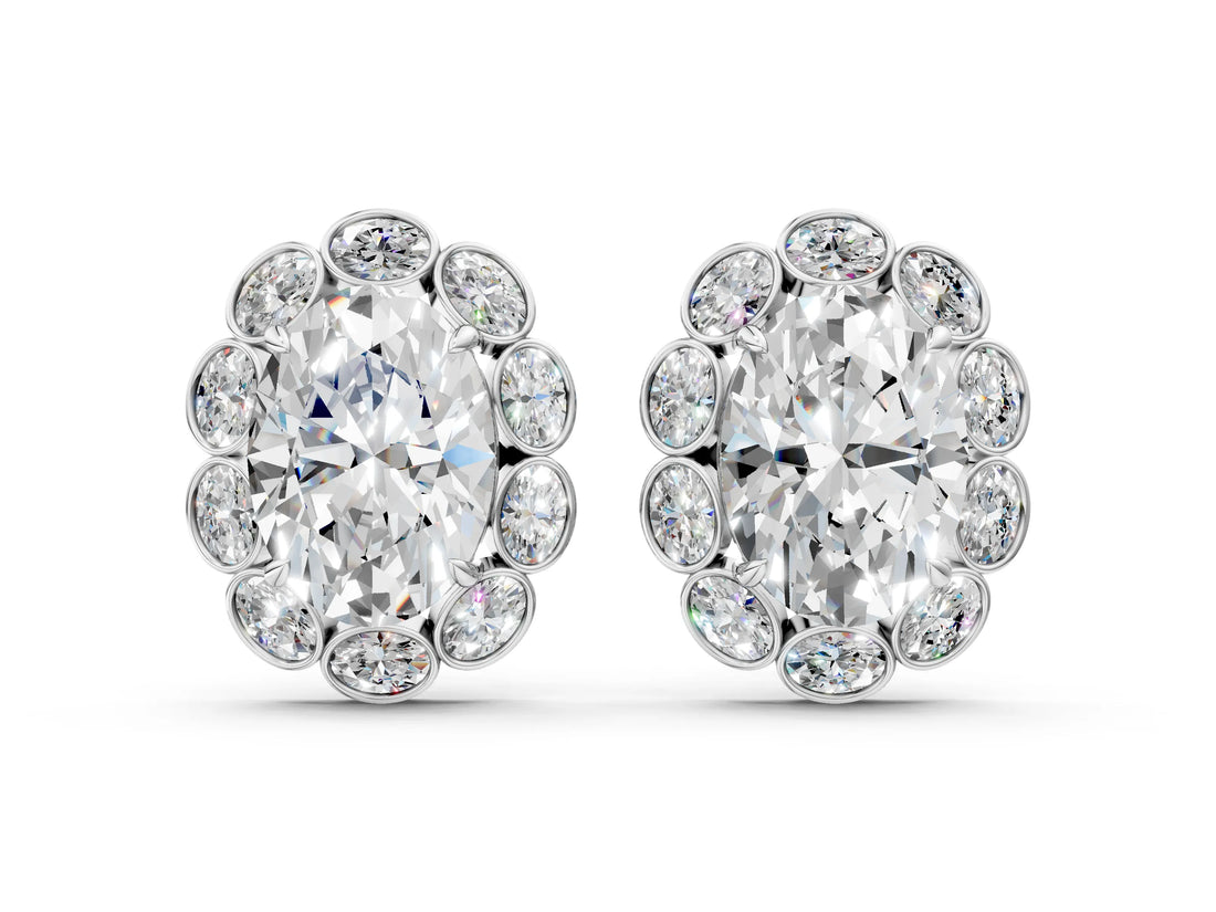 White gold Oval Diamond Halo Stud Earrings with Oval Diamond Accents