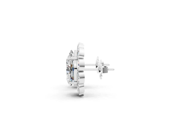 Silver Oval Diamond Halo Stud Earrings with Oval Diamond Accents