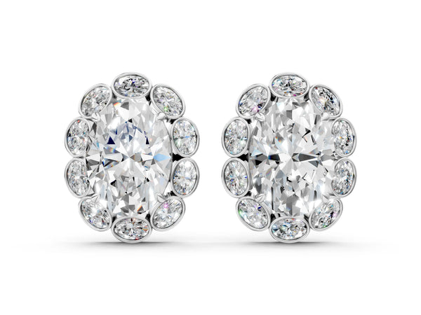 White gold Oval Diamond Halo Stud Earrings with Oval Diamond Accents