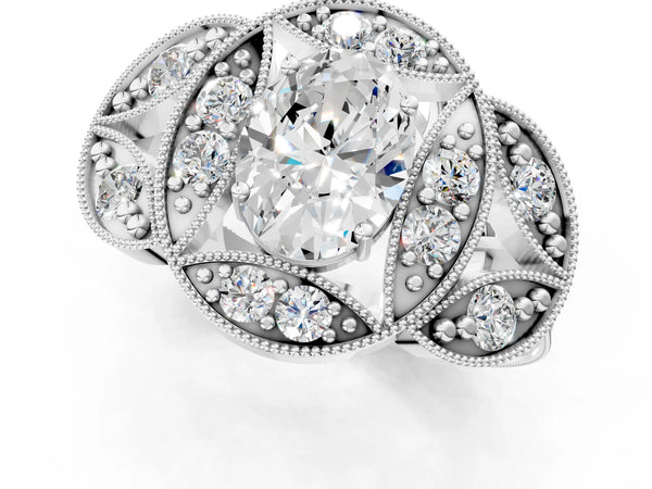 White Gold Oval Vintage Halo Engagement Ring Setting with Milgrain Leaf Panels and Carved Band