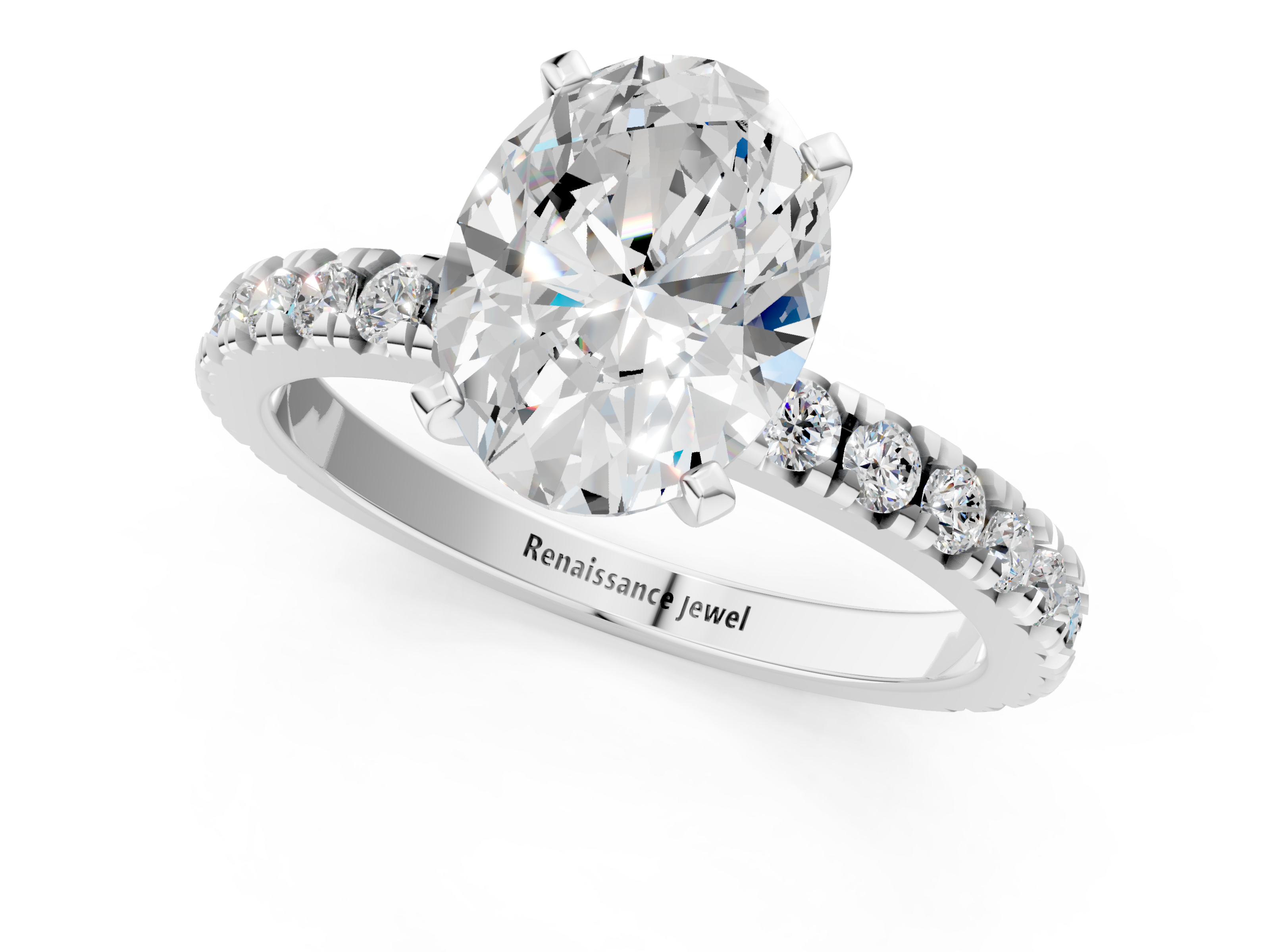 White gold Oval Diamond Pavé Band Solitaire with Four-Prong Setting_239