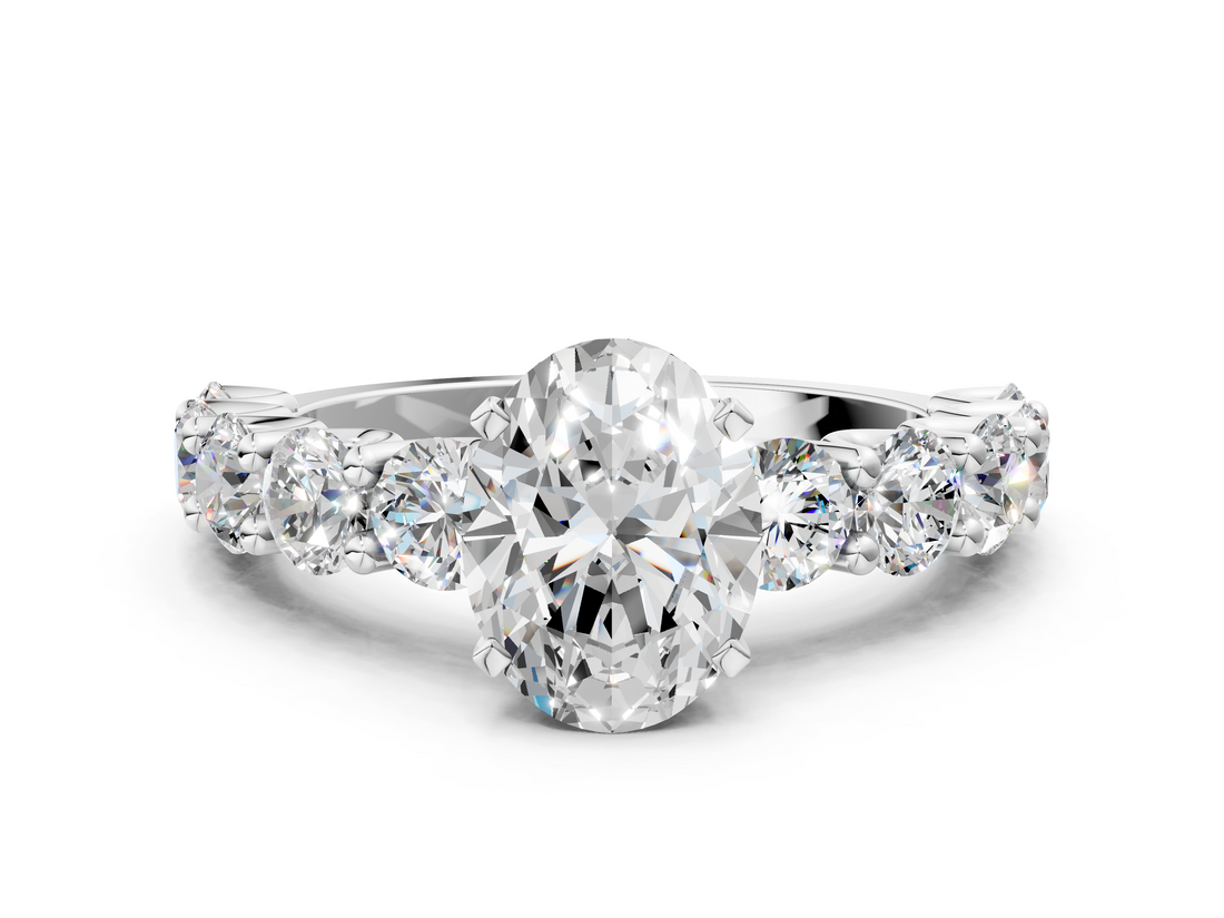 White gold Oval Diamond Prong Setting with Side Stones on a Pave Band_123