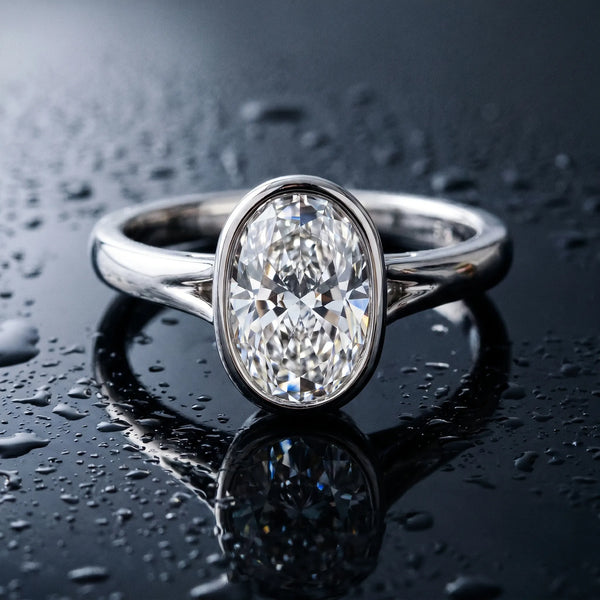 White gold Oval Diamond Solitaire Ring with Bezel Setting and Classic Band