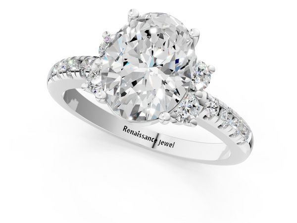 White gold Oval Diamond Three-Stone Pave Band with Four-Prong Setting