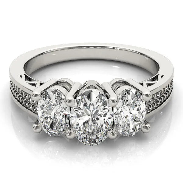 White gold Oval Diamond Three-Stone Ring with Prong Setting and Textured Band