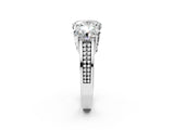 Platinum 4.01 Carat F VVS2 Oval Diamond Three-Stone Ring with Prong Setting and Textured Band