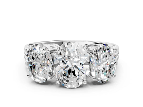 Platinum 4.01 Carat F VVS2 Oval Diamond Three-Stone Ring with Prong Setting and Textured Band