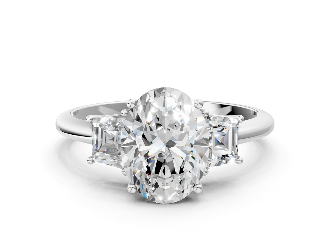 White gold Oval Diamond Three-Stone Ring with Trapezoid Side Stones and Prong Setting_23