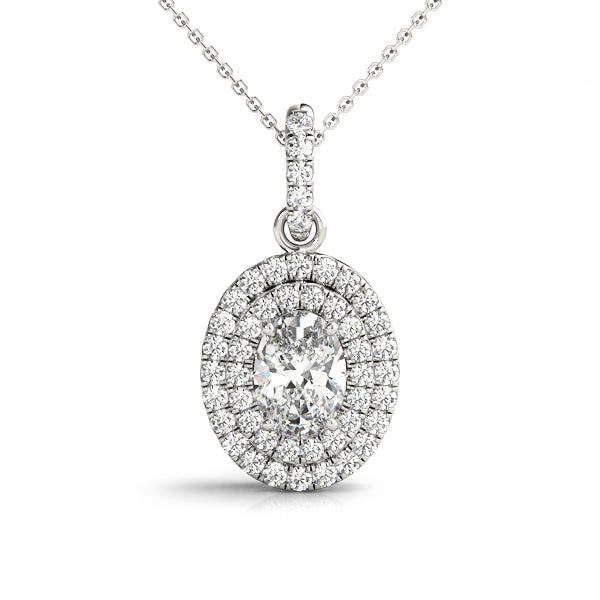 Silver Oval Double Halo Diamond Pendant with Prong Setting