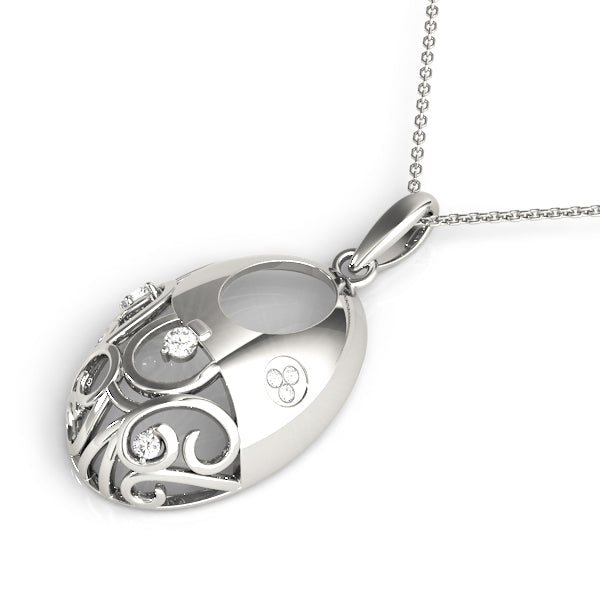 White gold Oval Filigree Pendant with Round Diamond Prong Setting
