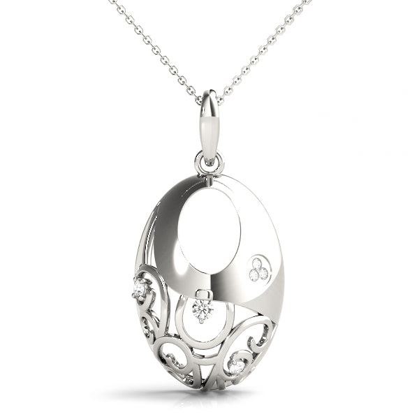 White gold Oval Filigree Pendant with Round Diamond Prong Setting