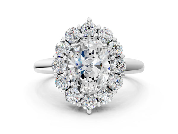 White gold Oval Halo Cluster Diamond Engagement Ring with Prong Setting and Polished Band