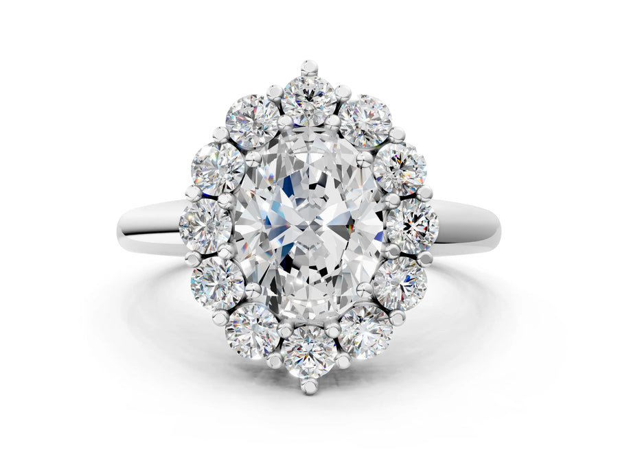 White gold Oval Halo Cluster Diamond Engagement Ring with Prong Setting and Polished Band