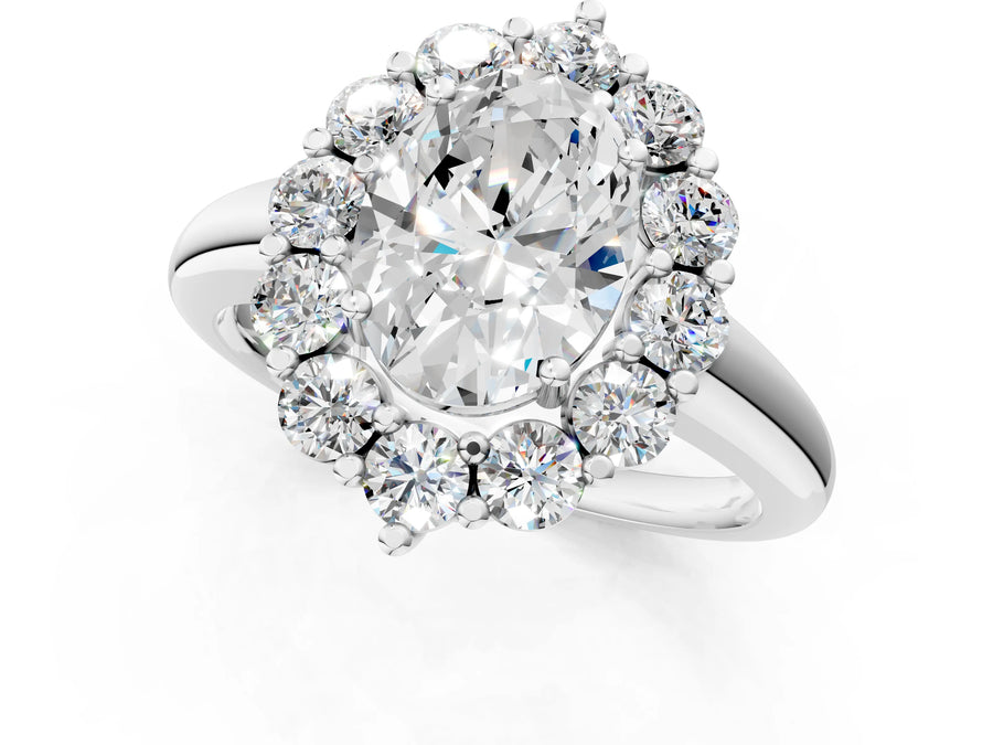 White gold Oval Halo Cluster Diamond Engagement Ring with Prong Setting and Polished Band