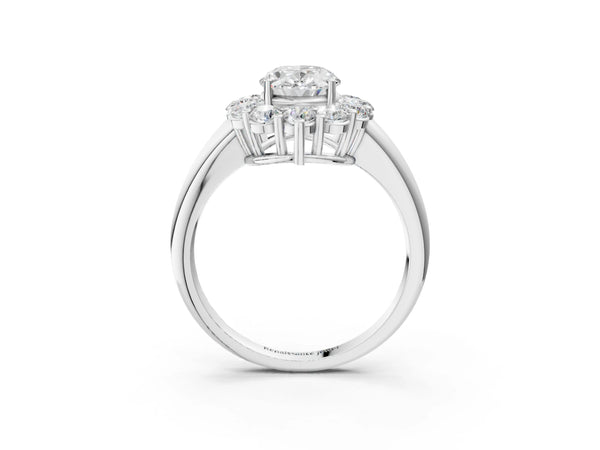 White gold Oval Halo Cluster Diamond Engagement Ring with Prong Setting and Polished Band