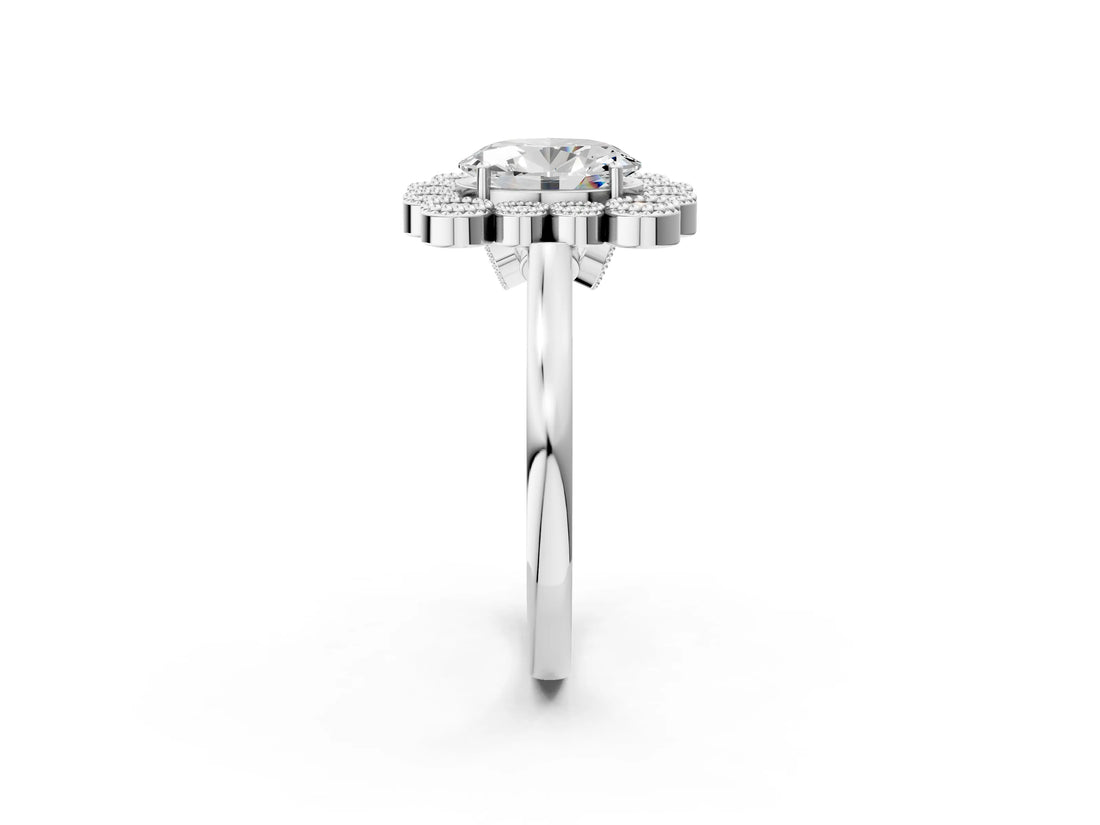 White gold Oval Halo Diamond Cluster Engagement Ring with Milgrain Bezel Setting and Solitaire Band_17