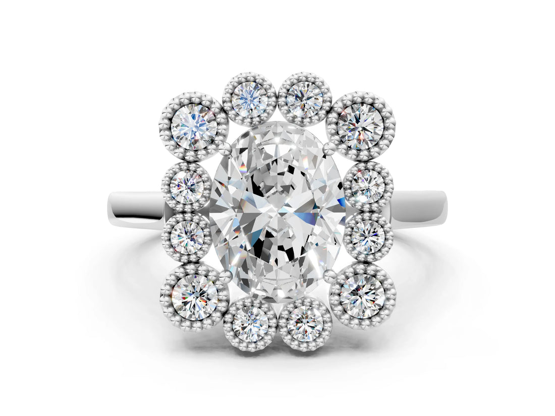 White gold Oval Halo Diamond Cluster Engagement Ring with Milgrain Bezel Setting and Solitaire Band_27