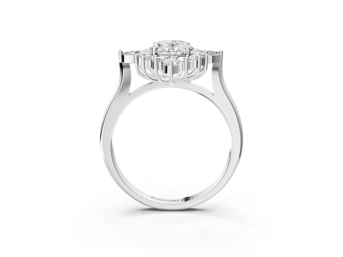 White gold Oval Halo Diamond Cluster Ring with Marquise and Round Stones on a White Gold Band with Prong Setting_14
