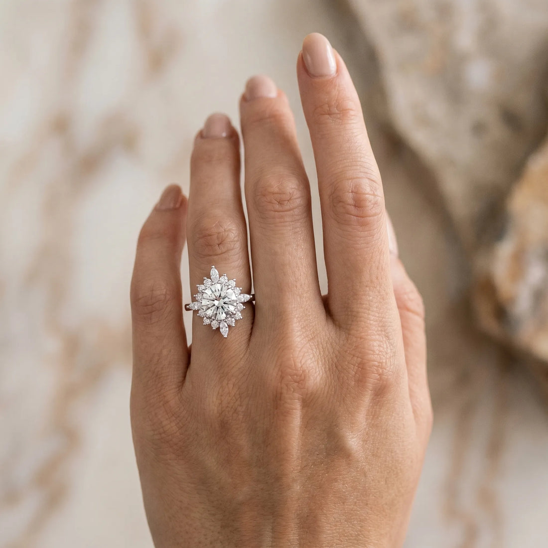White gold Oval Halo Diamond Cluster Ring with Marquise and Round Stones on a White Gold Band with Prong Setting_3