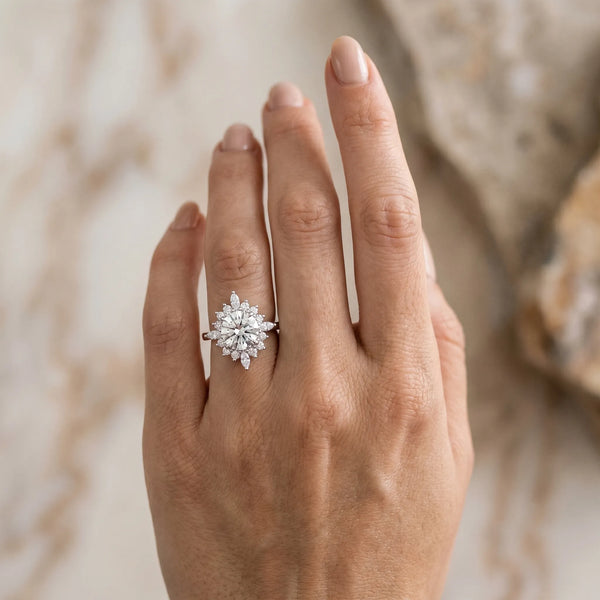 White gold Oval Halo Diamond Cluster Ring with Marquise and Round Stones on a White Gold Band with Prong Setting