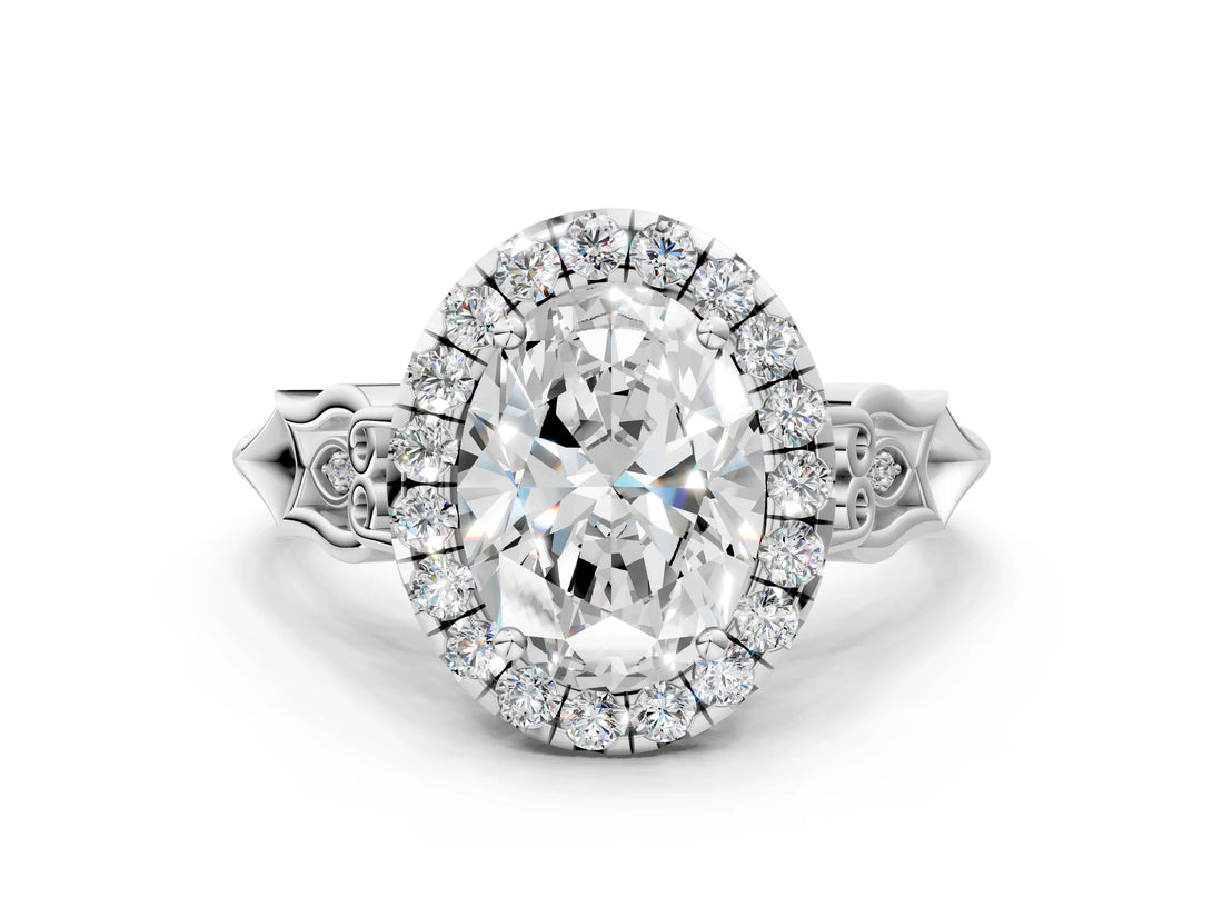 White gold Oval Halo Diamond Engagement Ring with Filigree Band and Four-Prong Setting_81
