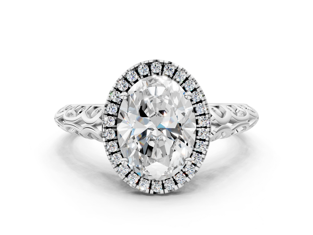 White gold Oval Halo Diamond Engagement Ring with Intricate Filigree Band and Four-Prong Setting_36